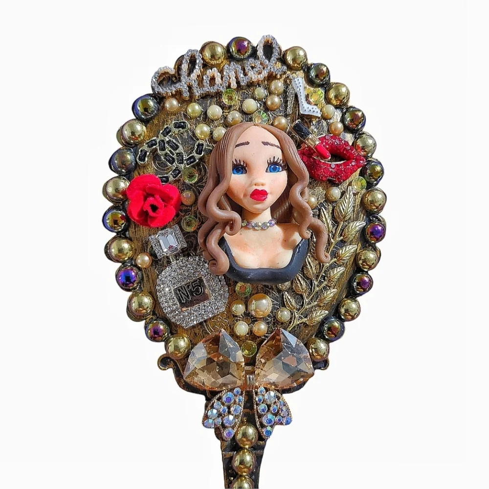 Handheld Beauty Makeup Mirror Clay Doll Bling Embellished Decorated Gold Black